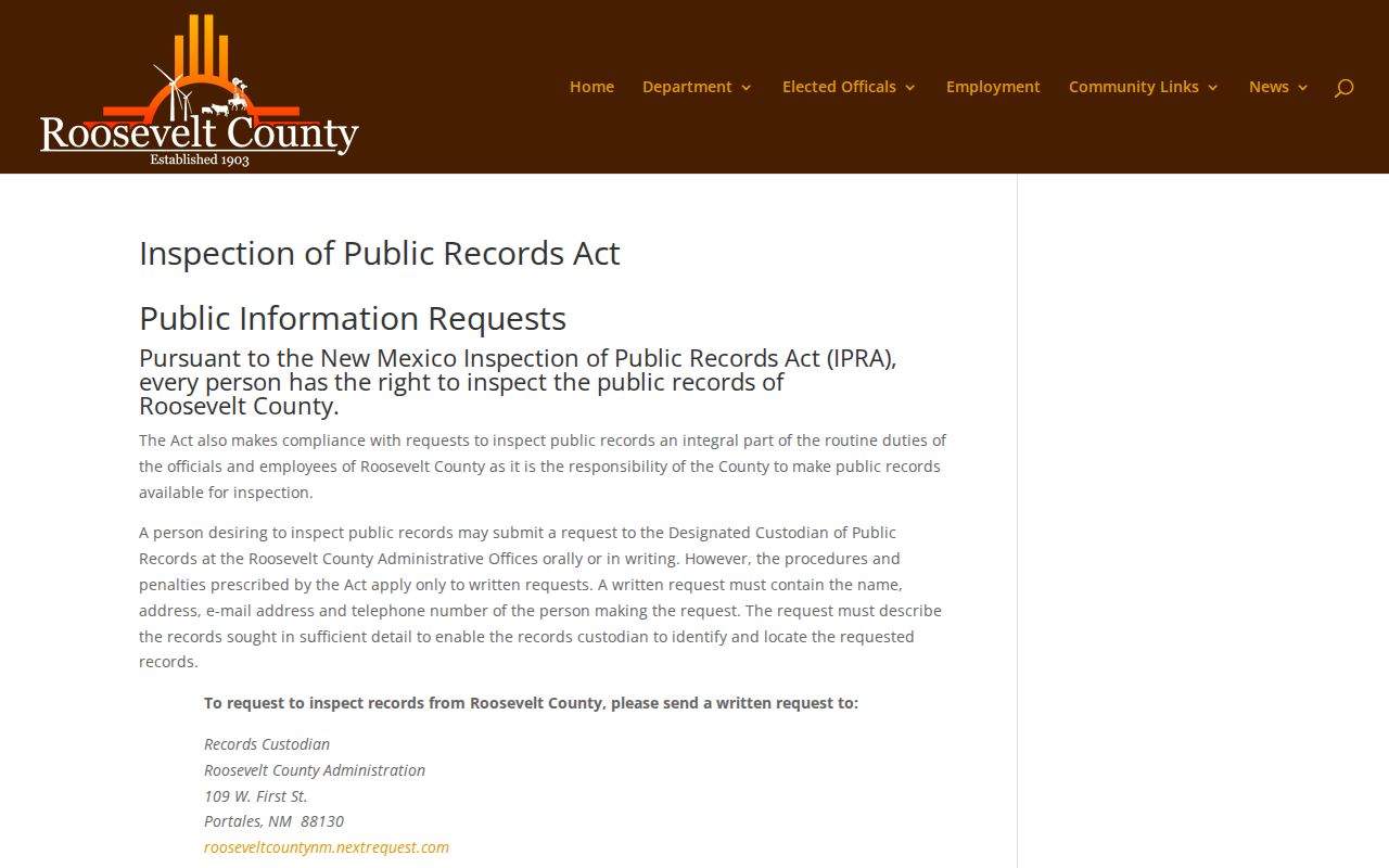 Roosevelt County Inspection of Public Records Act request instructions
