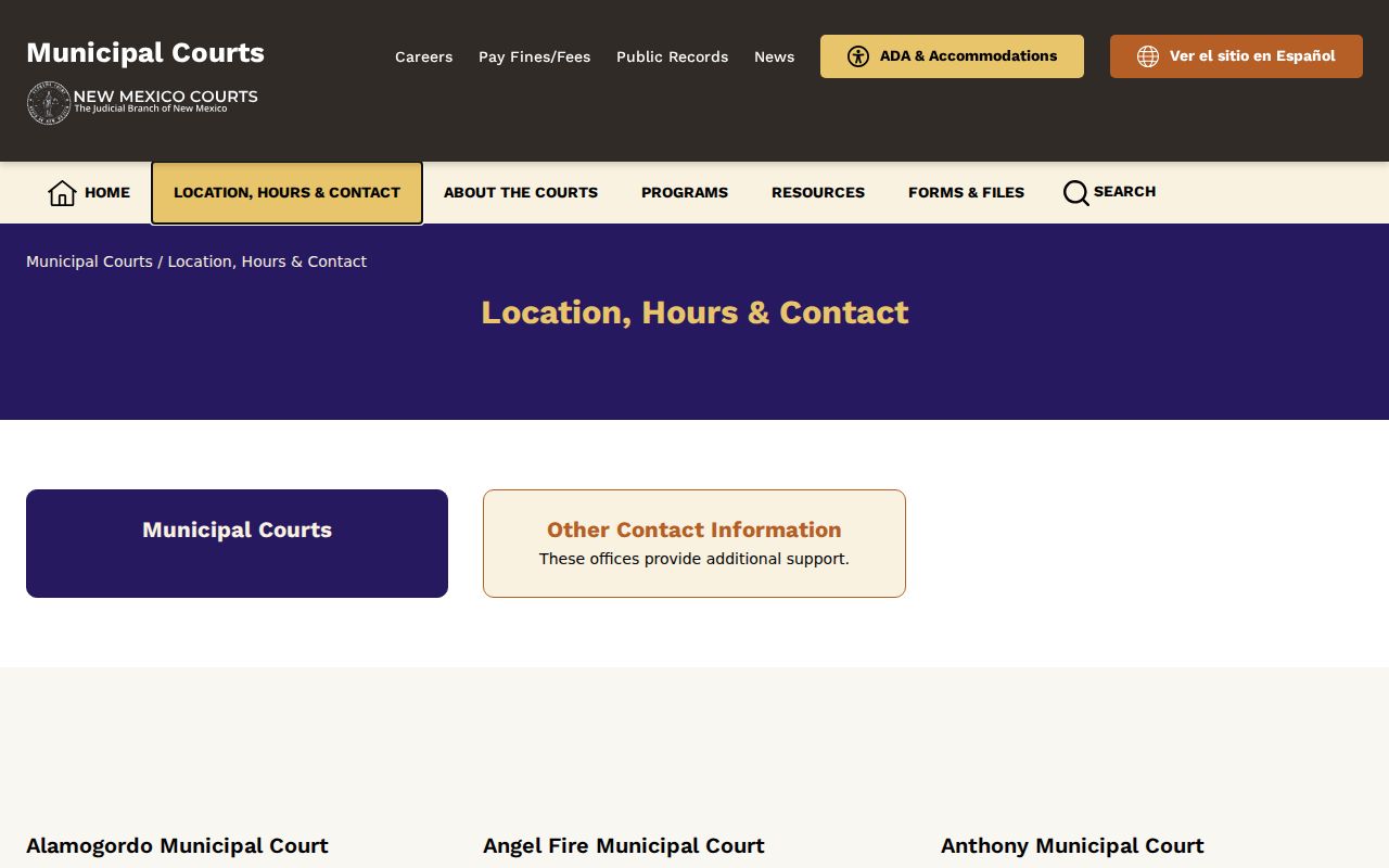 New Mexico Municipal Courts directory with Portales and Elida contact rows