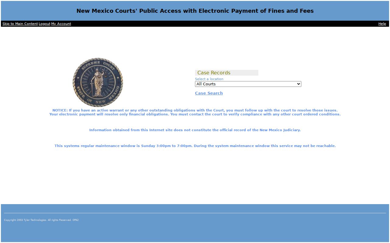 New Mexico Courts Case Lookup location selector and public search notice
