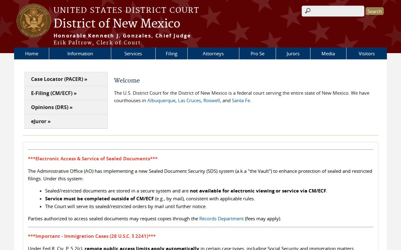 District of New Mexico federal court landing page