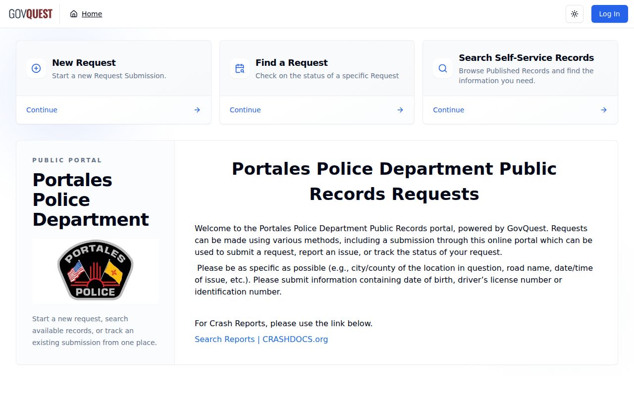 Portales Police GovQuest records request portal