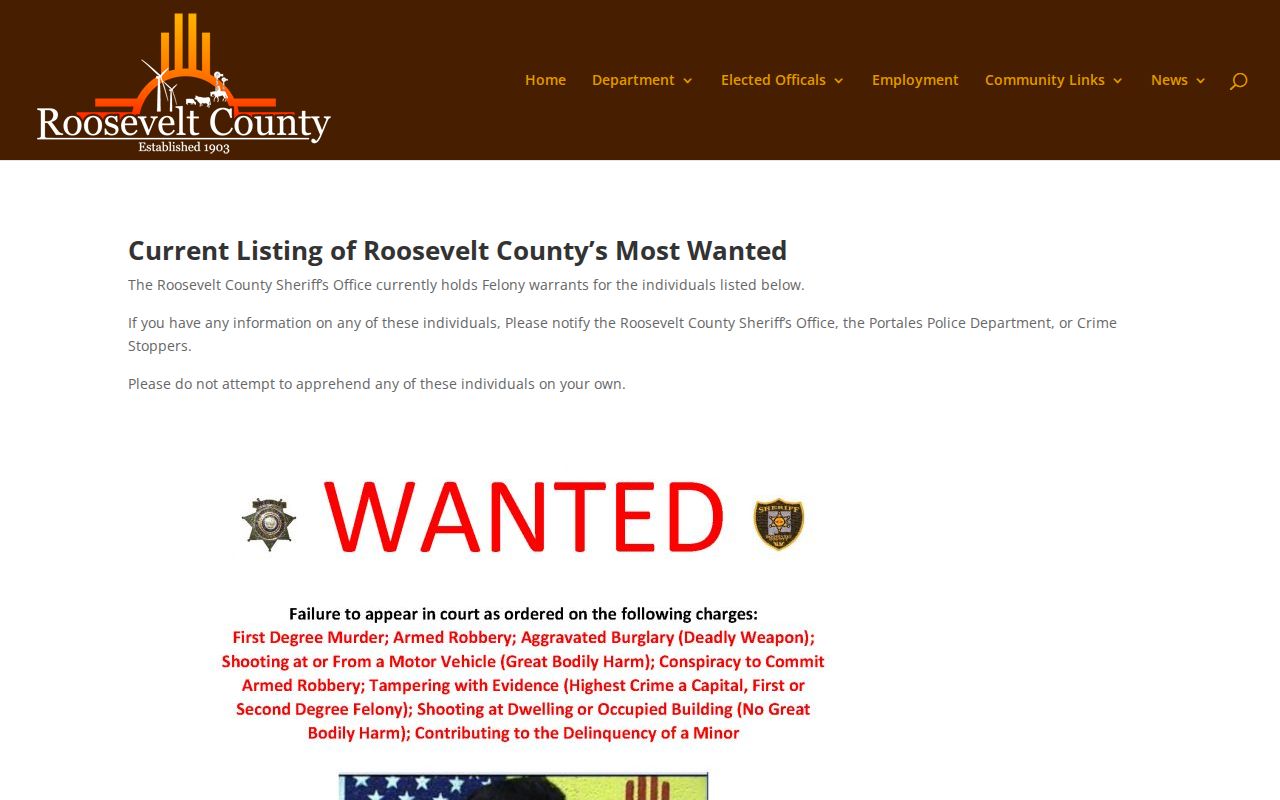 Roosevelt County Most Wanted program heading and public-safety instruction